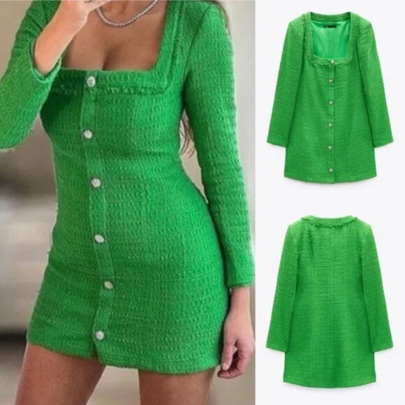 NWOT ZARA Textured Weave Boucle Dress with Jeweled Buttons size M - Picture 4 of 9